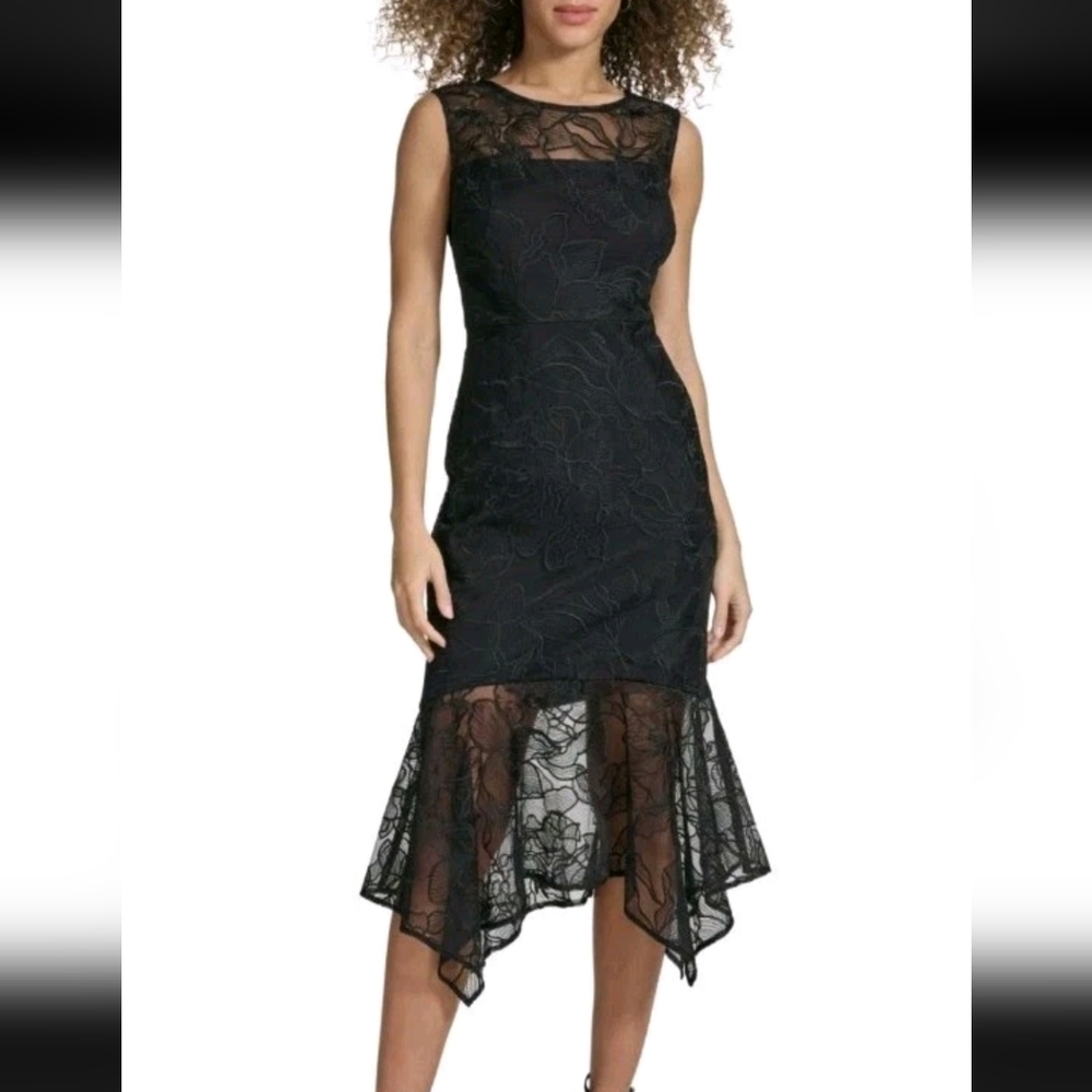 NWT Kensie Dresses Women's Black Floral Embroidery Handkerchief Hem Dress Size 4